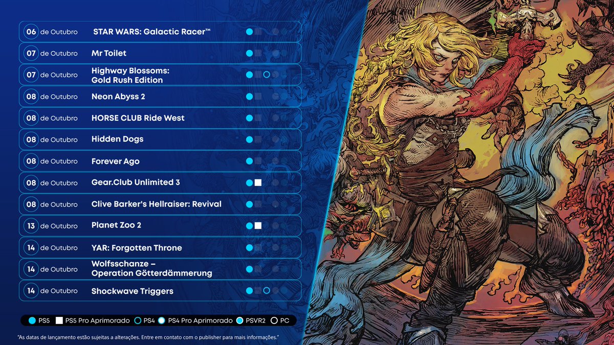 PlayStation_BR's tweet photo. Os lançamentos de outubro já desembarcaram por aqui, trazendo opções para quem quer dar aquele upgrade na biblioteca de jogos. 🎮

E para quem gosta de combates frenéticos, a seleção deste mês está rápida e letal como as lâminas de Phantom Blade Zero.

Aproveite para garantir o seu próximo vício parcelando em até 4x sem juros e prepare o controle para explorar novas histórias. #MomentosPlayStation