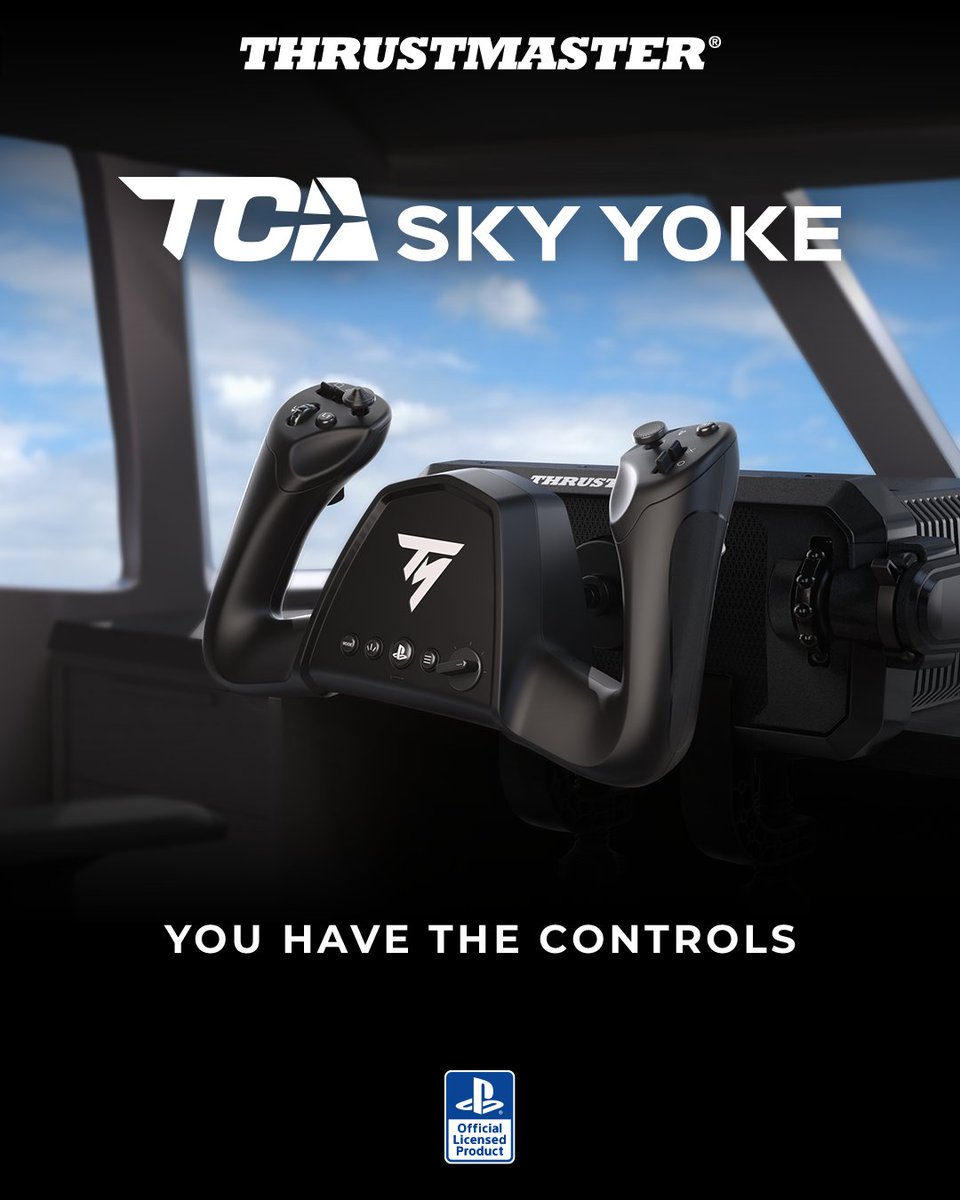 TMThrustmaster's tweet photo. With TCA SKY YOKE, you have the controls! 🫡

Throttle, trim and rudder controls come together in one all-in-one yoke, designed for smooth and precise flying from takeoff to landing. ✈️

TCA SKY YOKE comes in two separate versions:
• PS5, PC, iOS and Android
• XBOX Series X|S, PC, iOS and Android

Each version is automatically recognized on its compatible platforms, with preconfigured controls in Microsoft Flight Simulator 2024 and Infinite Flight.

👉 Pre-order TCA SKY YOKE for PS5:
https://t.co/DZIo9z14fO

👉 Pre-order TCA SKY YOKE for XBOX:
https://t.co/G1fUVCJKeO

📅 Available October 28.