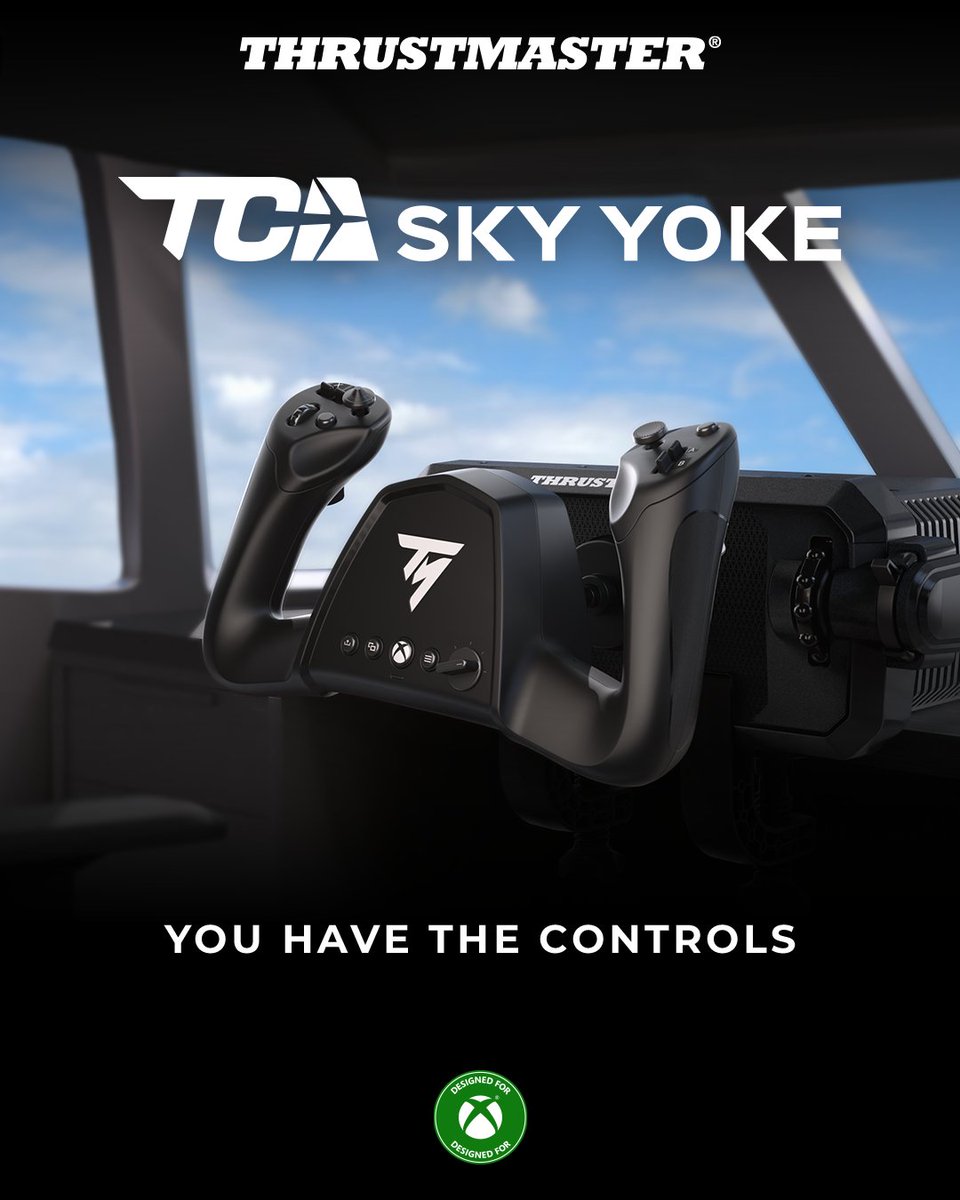 TMThrustmaster's tweet photo. With TCA SKY YOKE, you have the controls! 🫡

Throttle, trim and rudder controls come together in one all-in-one yoke, designed for smooth and precise flying from takeoff to landing. ✈️

TCA SKY YOKE comes in two separate versions:
• PS5, PC, iOS and Android
• XBOX Series X|S, PC, iOS and Android

Each version is automatically recognized on its compatible platforms, with preconfigured controls in Microsoft Flight Simulator 2024 and Infinite Flight.

👉 Pre-order TCA SKY YOKE for PS5:
https://t.co/DZIo9z14fO

👉 Pre-order TCA SKY YOKE for XBOX:
https://t.co/G1fUVCJKeO

📅 Available October 28.