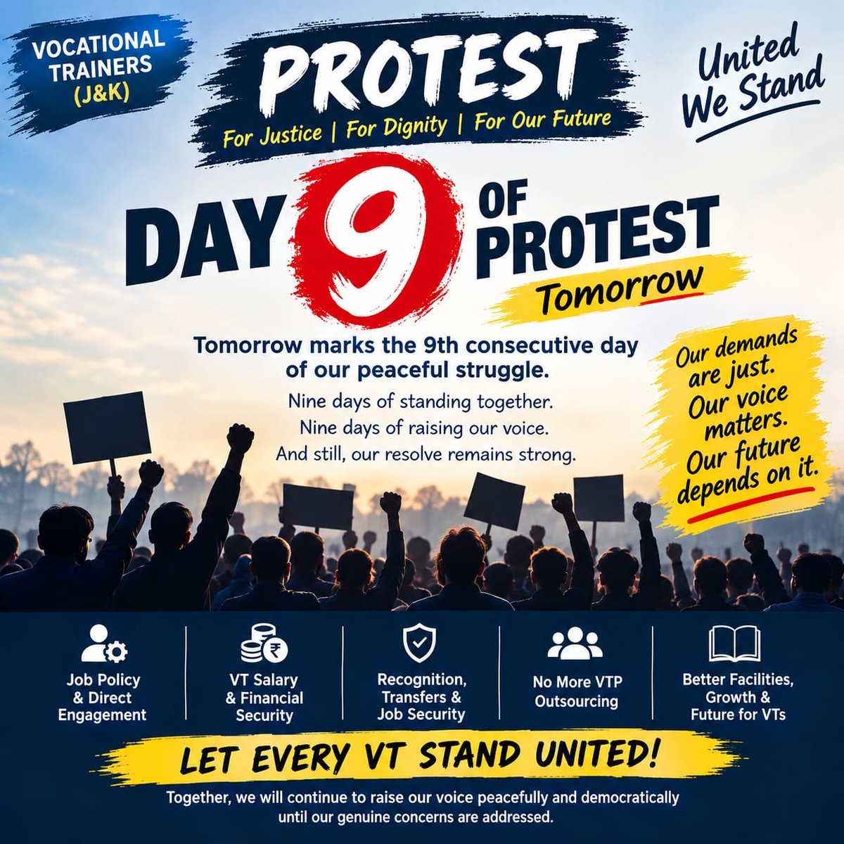 JKVTWA's tweet photo. Tomorrow marks the 9th day of our peaceful protest.

9 days of struggle. 9 days of waiting.
Yet our miseries continue, and our genuine demands remain unheard.We are tired, but we are not defeated.Our silence has ended. Our resolve has not.@OmarAbdullah

https://t.co/piGQZUjdRD https://t.co/tGAm81mYyx