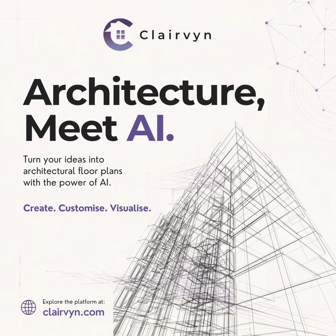 clairvyn_ai's tweet photo. Architecture, meet your new creative partner. 🏡💜
Turn your ideas into architectural floor plans with the power of AI. From creating layouts to customising every detail, bring your vision to life with Clairvyn.
✨ Create. Customise. Visualise.
#architecture #architect #students https://t.co/faEfhZAKCm