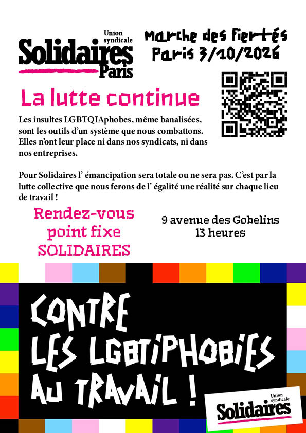 SolidairesParis's tweet photo. 📢 Les insultes LGBTQIAphobes, même banalisées, sont les outils d’un système que nous combattons. Elles n’ont leur place ni dans nos syndicats, ni dans nos entreprises.
📍 Rendez-vous au point fixe de Solidaires à 13 heures - 9 avenue des Gobelins #LGBTQIA+ https://t.co/vgrkkCnEgX