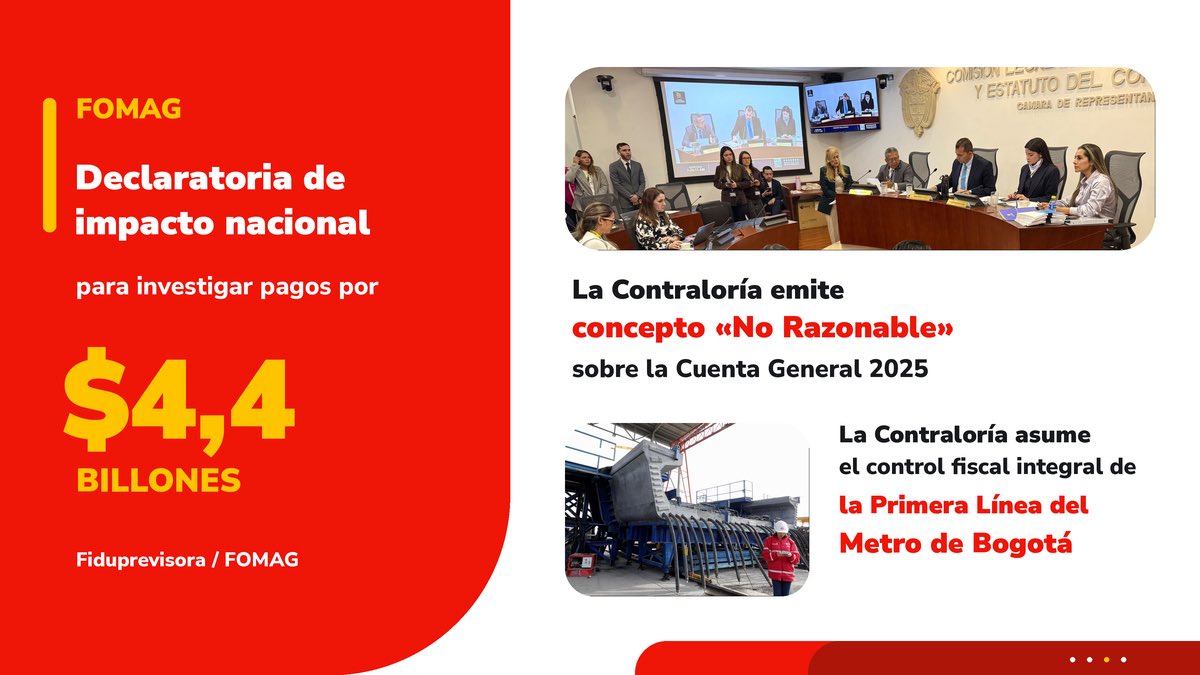 CGR_Colombia's tweet photo. Prevenir riesgos, hacer seguimiento y trabajar por resultados que lleguen a los ciudadanos.

En el primer mes de gestión del Contralor General, Jorge Laverde Vargas, la entidad ha reforzado la vigilancia sobre recursos destinados a servicios esenciales y grandes obras, así como el diálogo con las comunidades.

Acciones para proteger el patrimonio público y hacer que cada peso cumpla su propósito.

Conoce en este carrusel algunas de las principales actuaciones👇🏼