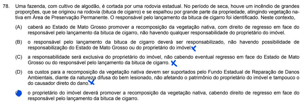 hackanconcurso's tweet photo. FCC PGE MT

O proprietário do imóvel deve promover a recomposição da vegetação nativa em APP, por força da obrigação propter rem que adere ao bem, cabendo-lhe direito de regresso em face do responsável identificado pelo lançamento da bituca de cigarro, causador direto do incêndio https://t.co/cYNpJ7prKw