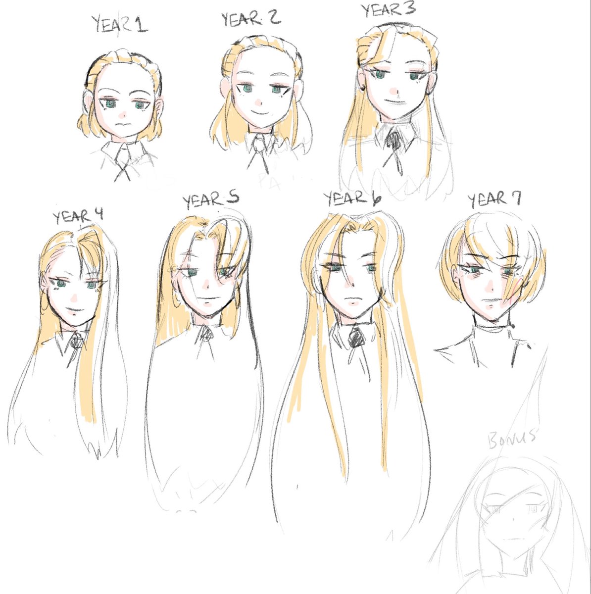 ammonoid9's tweet photo. made a malfoid hairstyle tracker to help me keep the years straight

y1 and y4 by @.grizz056 
y3 by @.ashitagawa_hrak 
y5 by @.redteneri 

i'll do one for Harry, I keep drawing some random kid with a lightning scar and it's really inconsistent lol https://t.co/ZbWVf3YAnD