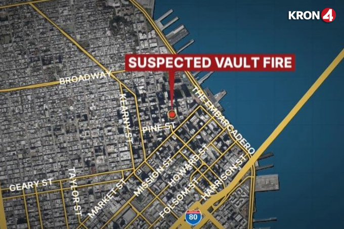 KRON 4 news map graphic showing the location of a 'SUSPECTED VAULT FIRE' near Pine St and The Embarcadero in what appears to be San Francisco.