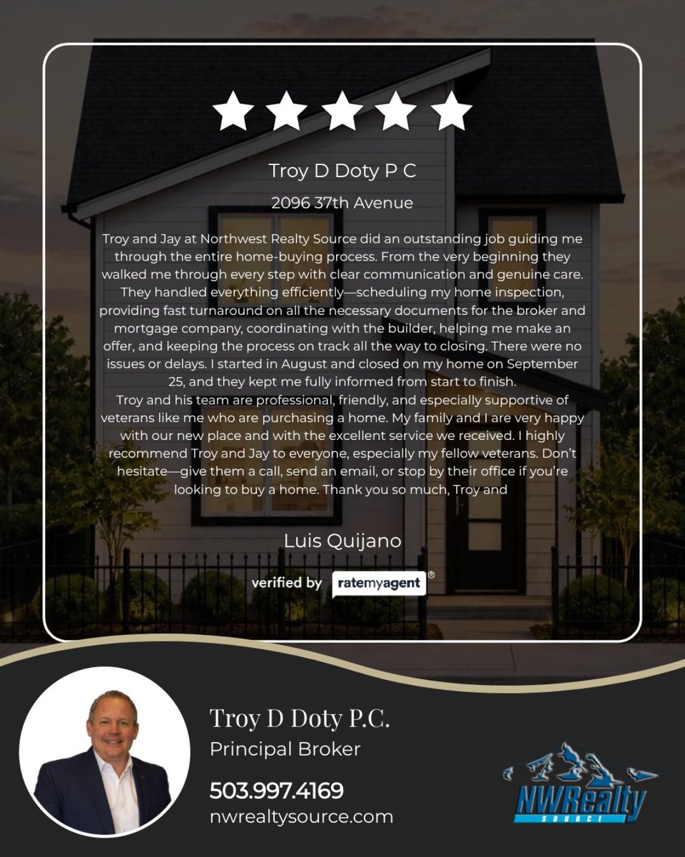TroyDDoty's tweet photo. Thanks to my clients for their kind words. Here's a recent review from a Buyer in Forest Grove.
Listing courtesy of Northwest Realty Source #troydotyrealtor #portlandrealtor #portlandrealestateagent #portlandrealestate #northwestrealtysource #nwrealtysource https://t.co/hUy9cpM0bR