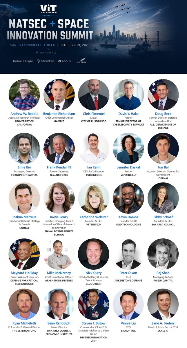 VetsInTech's tweet photo. Next week, VetsinTech and the Bay Area Council will bring together leaders from across defense, space, AI, cybersecurity, venture capital, government, and the veteran community for the NatSec + Space Innovation Summit in San Francisco.

Taking place October 8–9 during Fleet Week, the Summit will feature speakers and participants from the U.S. Department of Defense, U.S. Air Force, Defense Innovation Unit, OpenAI, Google, Scale AI, Shield Capital, UC Berkeley, and more.

OpenAI Academy will also lead a hands-on ChatGPT workshop on Day 1, and attendees will receive three free months of ChatGPT Plus courtesy of OpenAI.

Two days focused on strengthening connections across government, industry, investment, and the veteran community around national security, emerging technology, and space innovation. 

Learn more about the speakers, explore the full program, and get your tickets:
https://t.co/69kdWYepBE 

#VetsInTech #NSSIS #NationalSecurity #DefenseTech #SpaceTech #AI #Cybersecurity