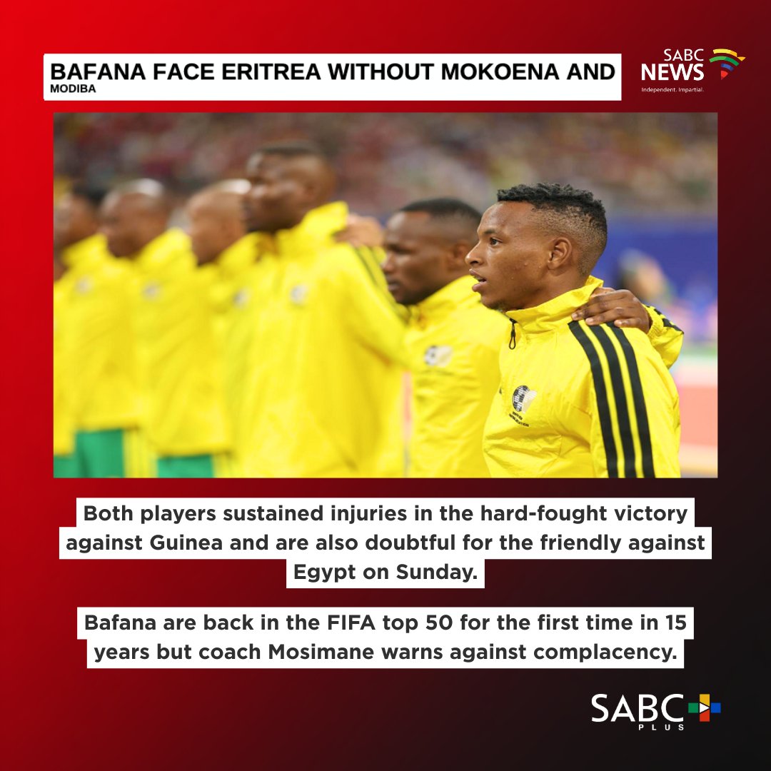 SABCPlus's tweet photo. BAFANA | South Africa face Eritrea in their AFCON 2027 qualifier in Cairo on Wednesday without key players Teboho Mokoena and Aubrey Modiba, both sidelined by injuries sustained against Guinea. 

Bafana are back in the FIFA top 50 for the first time in 15 years and the momentum is real. #BulletinBites