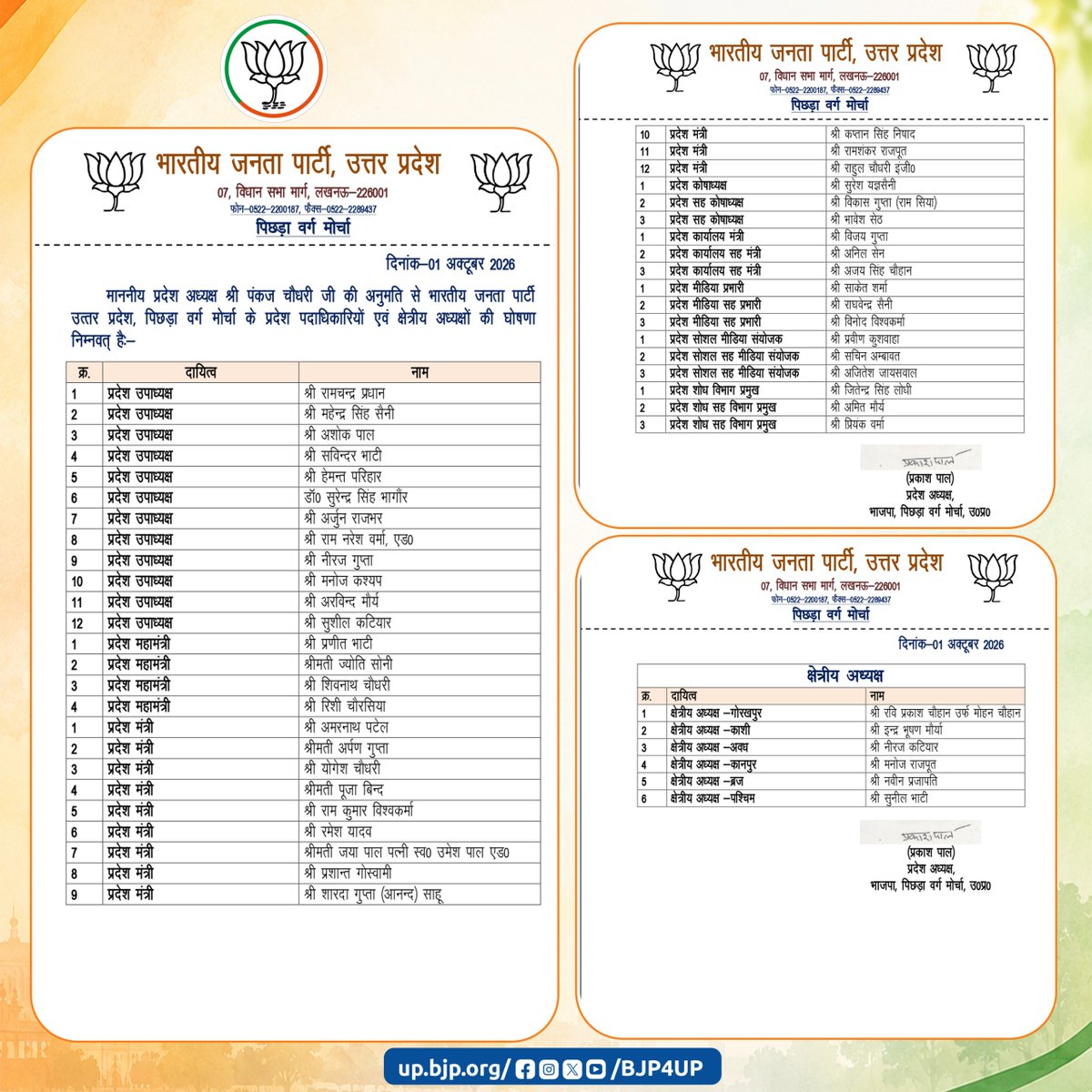 BJP4UP's tweet photo. प्रदेश अध्यक्ष श्री @mppchaudhary की अनुमति से भारतीय जनता पार्टी, उत्तर प्रदेश के पिछड़ा वर्ग मोर्चा, महिला मोर्चा, किसान मोर्चा, अनुसूचित मोर्चा व अनुसूचित जनजाति मोर्चा के प्रदेश पदाधिकारियों एवं क्षेत्रीय अध्यक्षों की घोषणा निम्नवत् है- https://t.co/RFk1918HKx