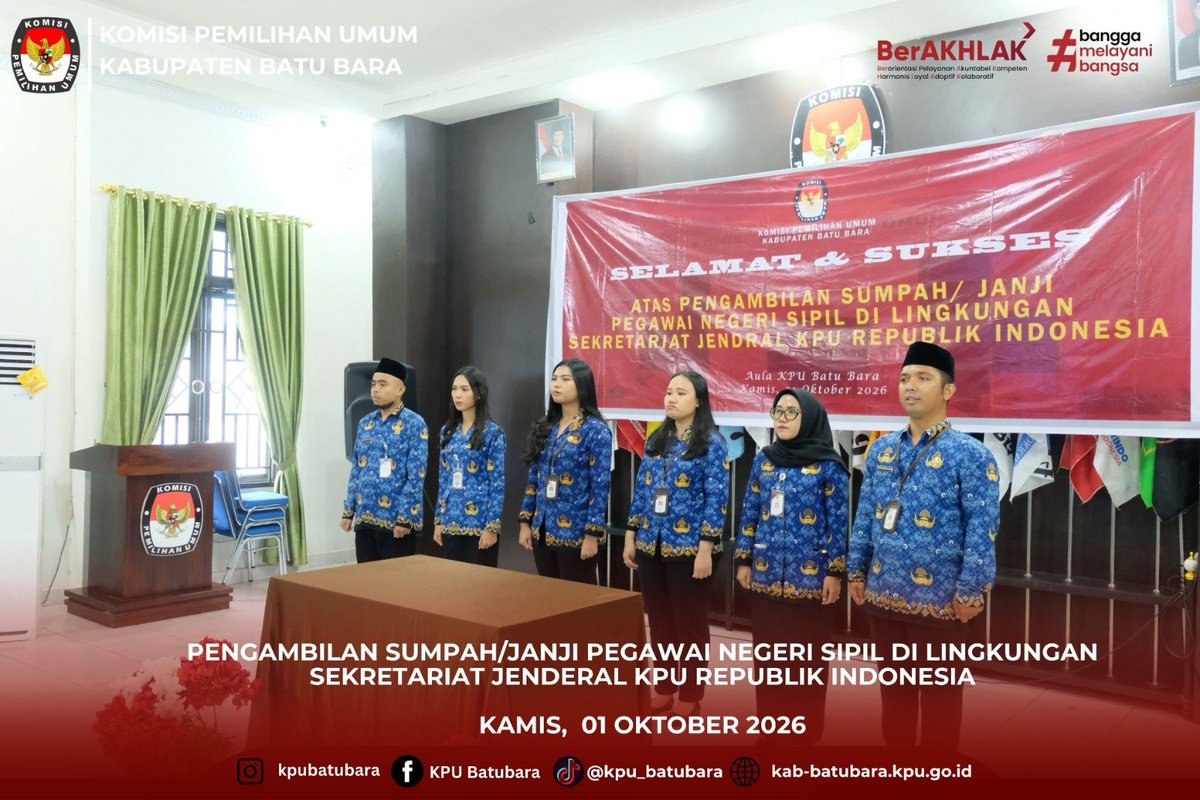 KpuBatubara's tweet photo. #TemanPemilih

Komisi Pemilihan Umum (KPU) Kabupaten Batu Bara Mengikuti kegiatan Pengambilan Sumpah/Janji Pegawai Negeri Sipil di Lingkungan Sekretariat Jenderal KPU Republik Indonesia, Kamis, (01/10/26)

Pengambilan Sumpah/Janji yang dilaksanakan secara Daring melalui aplikasi- https://t.co/DPsusGkaGc