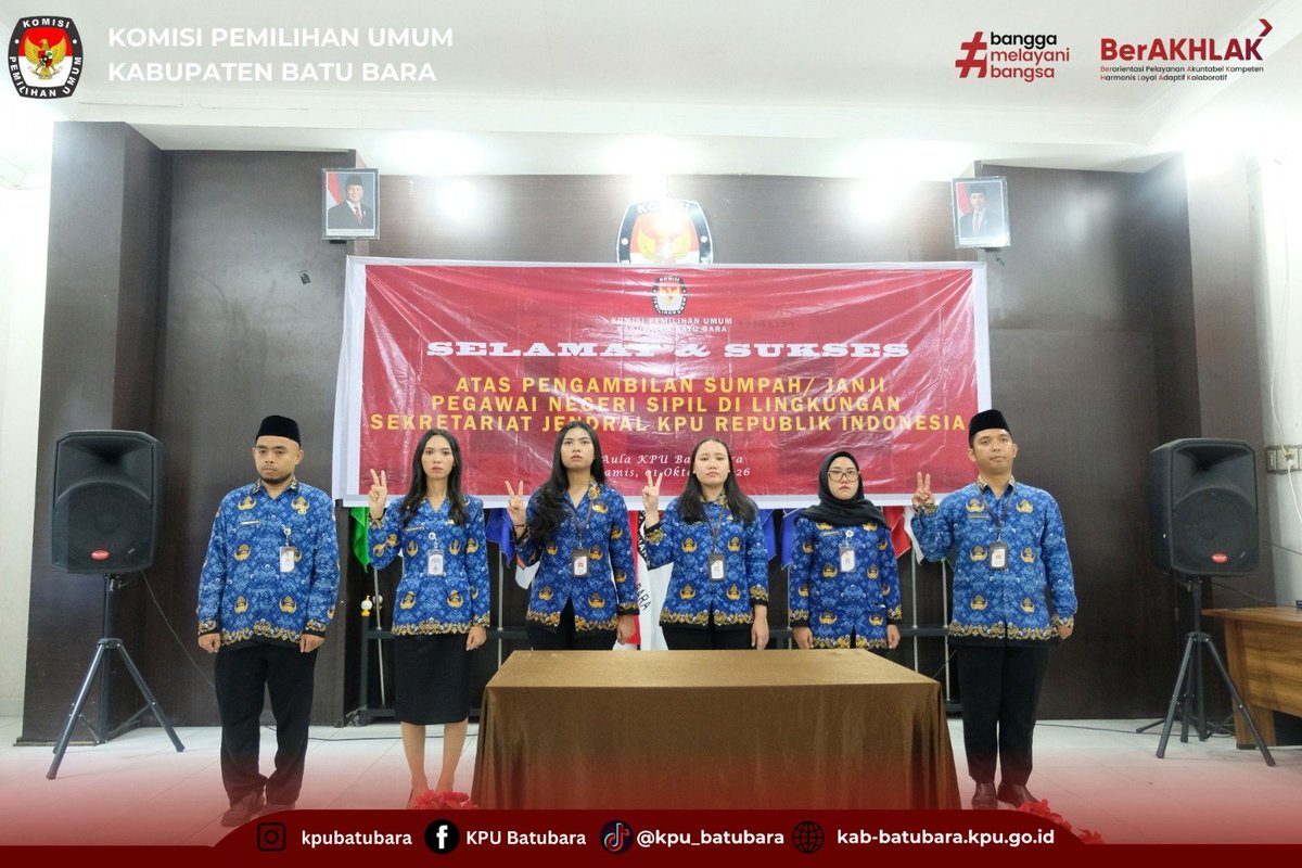 KpuBatubara's tweet photo. #TemanPemilih

Komisi Pemilihan Umum (KPU) Kabupaten Batu Bara Mengikuti kegiatan Pengambilan Sumpah/Janji Pegawai Negeri Sipil di Lingkungan Sekretariat Jenderal KPU Republik Indonesia, Kamis, (01/10/26)

Pengambilan Sumpah/Janji yang dilaksanakan secara Daring melalui aplikasi- https://t.co/DPsusGkaGc
