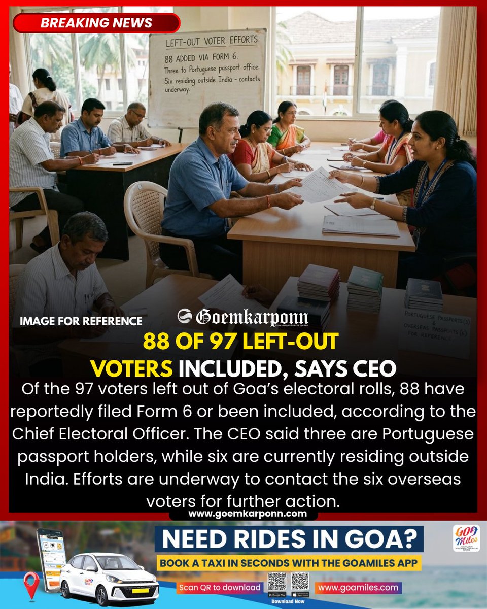 goemkarponnlive's tweet photo. 88 OF 97 LEFT-OUT VOTERS INCLUDED, SAYS CEO
#GoaElectoralRolls #CEOGoa #SIR #VoterVerification #Goemkarponn https://t.co/Upj4NKBZkM