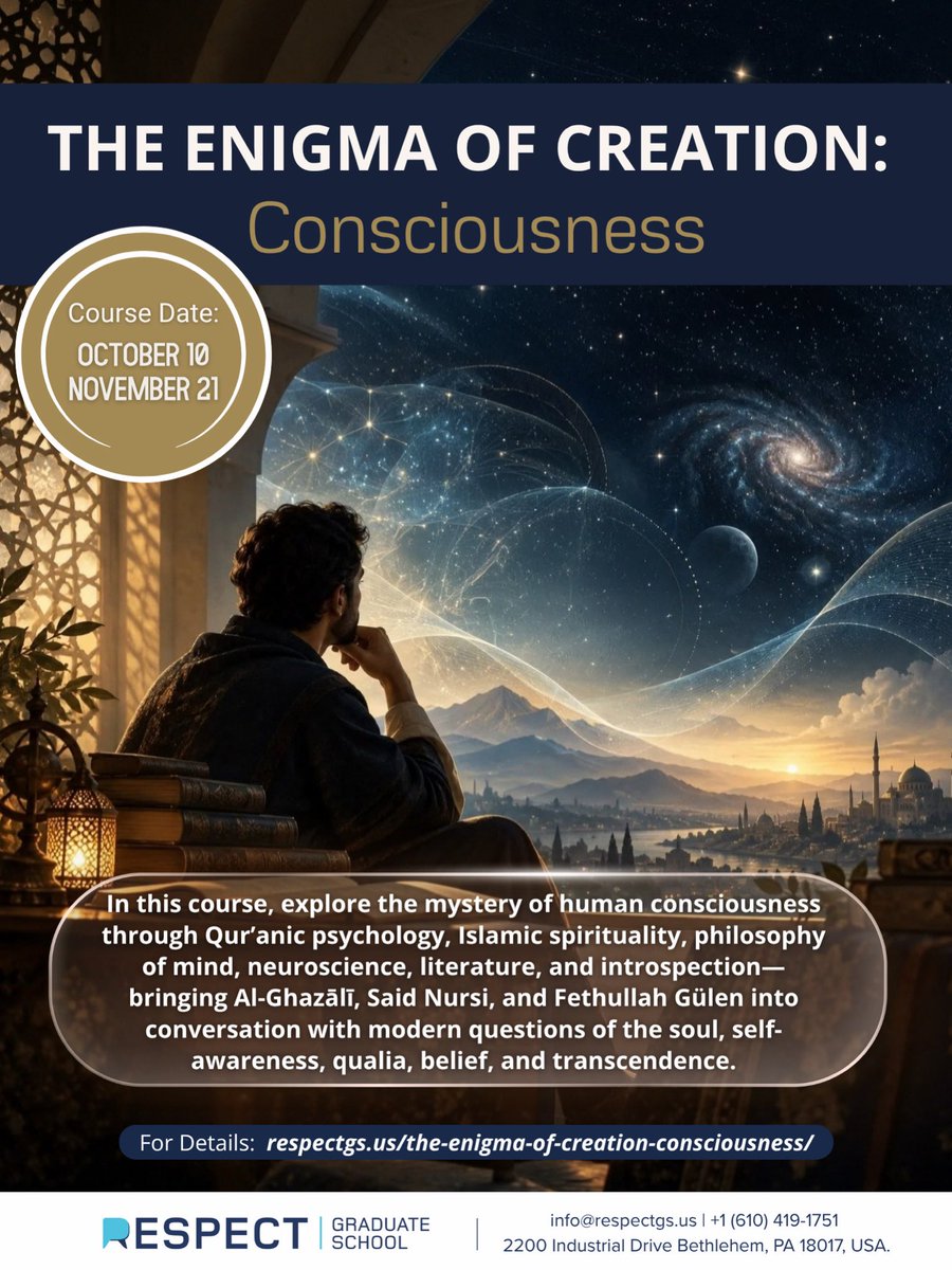 RespectGS's tweet photo. The Enigma of Creation: Consciousness is an interdisciplinary exploration of one of the most fundamental mysteries of human existence: conscious experience. The course examines how we perceive, feel, think, and experience reality from within, bringing revelation and Islamic spirituality into conversation with philosophy, literature, neuroscience, and contemporary philosophy of mind.

The course is grounded primarily in the Qur’an and the perspectives of Al-Ghazālī, Said Nursi, and Fethullah Gülen, whose approaches to the soul and inner life provide the central framework through which other thinkers and traditions are considered. Rather than presenting these perspectives as disconnected theories, the course explores their convergences and differences within a coherent spiritual and intellectual framework.

Teaching is primarily Socratic and dialogical, with active participant engagement throughout each session. Through self-observation, ordinary experience, metaphors, thought experiments, philosophical dialogue, and guided reflection, participants are invited not only to think about consciousness theoretically, but also to attend closely to their own inner experience. Bishop Berkeley’s dialogical method is also used as a way of examining the relationship between the mental and the physical.

🔗Enroll now: https://t.co/PS0qWVYM16