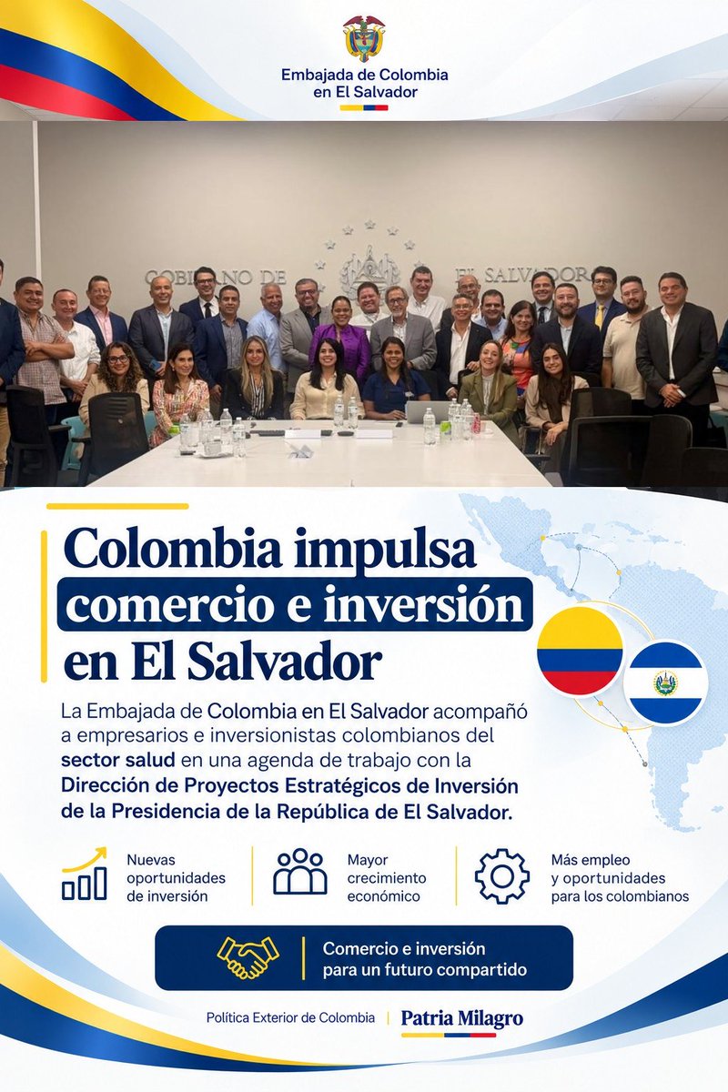 EmbColES's tweet photo. La Encargada de Negocios a.i.🇨🇴 @MPCospina acompañó a una delegación de empresarios e inversionistas colombianos del sector salud en su visita a El Salvador. Impulsamos la inversión para lograr un mayor crecimiento económico, empleo y oportunidades para todos los colombianos. https://t.co/uA9UnjZlEP