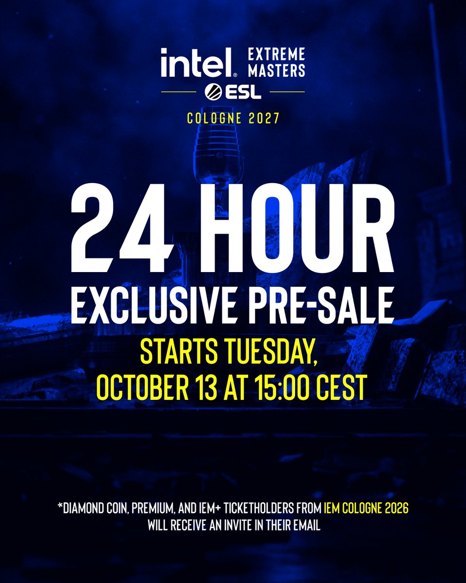ESLCS's tweet photo. Attended the #IEM Cologne Major 2026 and had a Diamond Coin, IEM+, or Premium ticket? 🤔

You’ll receive an invite to the exclusive #IEM Cologne 2027 PRESALE taking place October 13th 2026 at 15:00 CEST. https://t.co/TNIwgRhZFZ