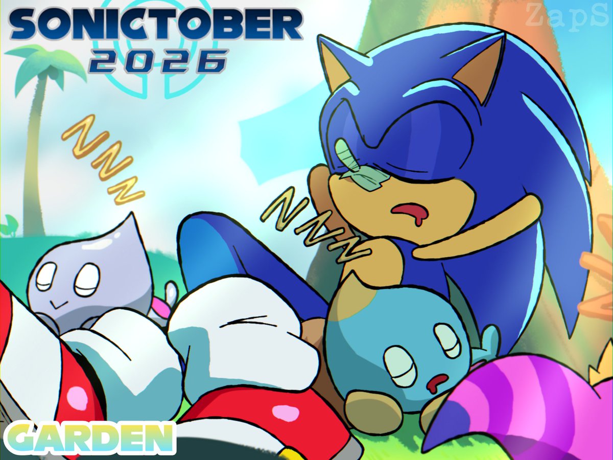 ZapzzzZZZ's tweet photo. #Sonictober2026
 DAY 1: GARDEN
Christmas has passed and it's another peaceful afternoon with Sonic and friends napping at the Chao Garden...
#sonictober https://t.co/3NG2Yn1dyb