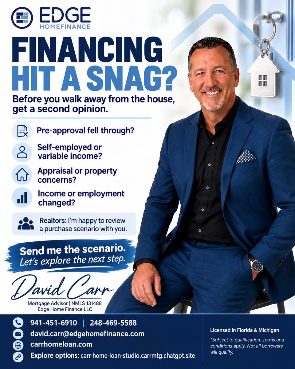 carrhomeloan's tweet photo. Financing hit a snag? Before you give up on the house, let’s take another look at your options.

If your pre-approval fell through, your income changed, you’re self-employed, or the property raised questions, I’m happy to review the purchase scenario with you. https://t.co/YWxAyBHgCc