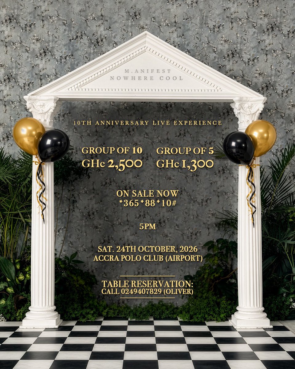 manifestive's tweet photo. Saturday, October 24th, we make history.🥂Tickets are now available for the Nowhere Cool @ 10 Live Experience. One special night, one special album live, and an unforgettable celebration of the journey. 

Get your tickets via *365*88*10# or https://t.co/EyVgDV2ygl

Location: Accra Polo Club (Airport)

Can’t wait to perform the entire album and share this one of one experience with yall.