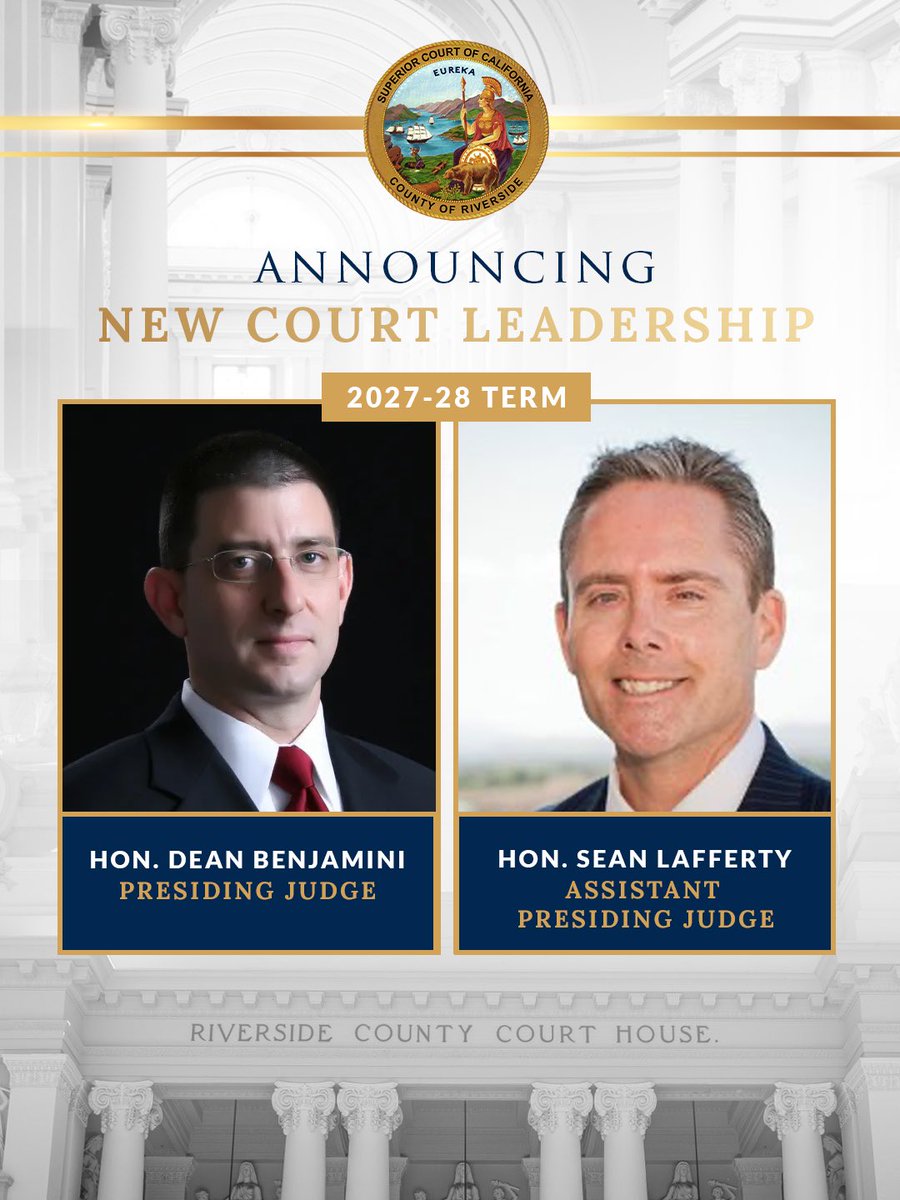 RivSupCourt's tweet photo. The judges of the Superior Court of California, County of Riverside, have elected Hon. Dean Benjamini as the Court's next Presiding Judge and Hon. Sean Lafferty as the next Assistant Presiding Judge for the 2027-2028 term.

https://t.co/e78L4sYLJb https://t.co/4S7THzJ1e9