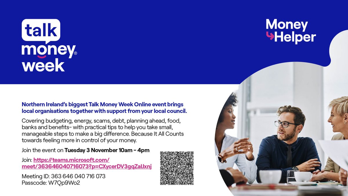 ConsumerCouncil's tweet photo. #TalkMoney Week is a great opportunity to improve your financial wellbeing.

💷Northern Ireland’s Talk Money Week online event will bring local organisations together with support from local Councils.

Whether you want to make your money go further, understand your options, or get support with money worries, come and join the conversation on Tuesday 3 November from 10am until 4pm.

We will be speaking at the event about:  

🟣saving on household bills with our online tools
🟣comparing energy and fuel costs 
🟣exploring oil support
🟣getting help with complaints

Join at: https://t.co/D1psgV2vtk
Meeting ID: 363 646 040 716 073
Passcode: W7Qp9Wo2