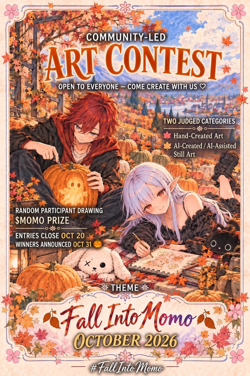 daydreamalwayz's tweet photo. 🍂✨ FALL INTO MOMO ✨🍂
Community-Led Art Contest
Open to Everyone - Come Create With Us ♡
What does fall look like in Momo's world? 🍁🌙🎃
Bring Momo into the autumn season, or introduce her to a fall tradition that's unique to you.
🏆 PRIZES
🎨 Hand-Created Winner-
CGC Gem Mint 10 Japanese Pikachu
✨ AI-Assisted Winner-
1 Momo NFT
🍂 Random Participant Drawing- 200,000 $MOMO
HOW TO ENTER
Create → Quote-post this Contest HQ with your artwork → Tag @momoyumemi → #FallIntoMomo
Label your artwork
Hand-Created or AI-Assisted.
Momo ownership is NOT required. Everyone is welcome. ♡
📅 Entries close Oct. 20
🎃 Winners Oct. 31
🔖 Planning to enter? Bookmark this Contest HQ for easy reference.
Full rules + inspiration below ↓