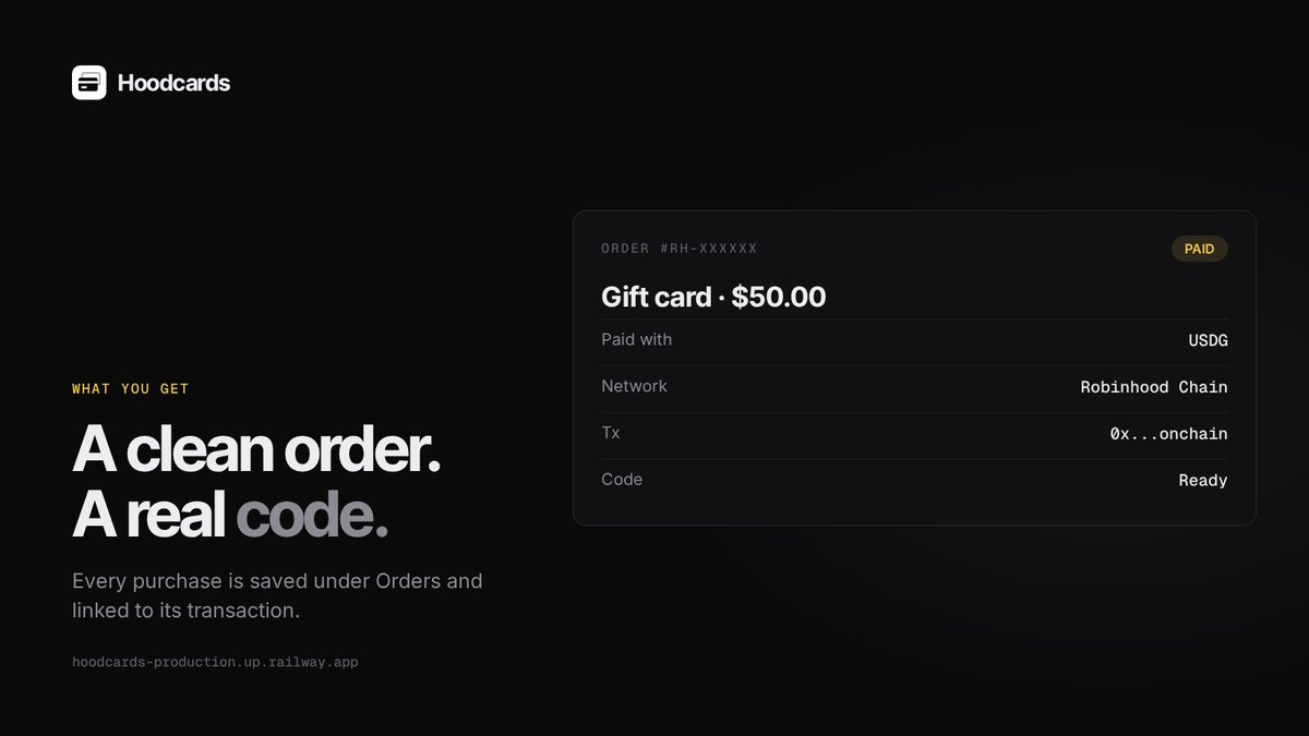 UseHoodCardsRH's tweet photo. What a Hood Cards order looks like: 

Pay in USDG. Confirmed on Robinhood Chain. 

Code ready on screen. 

Every purchase is saved under Orders and linked to its transaction.

https://t.co/IboNbu1VO0 https://t.co/9kH9f4HqoB