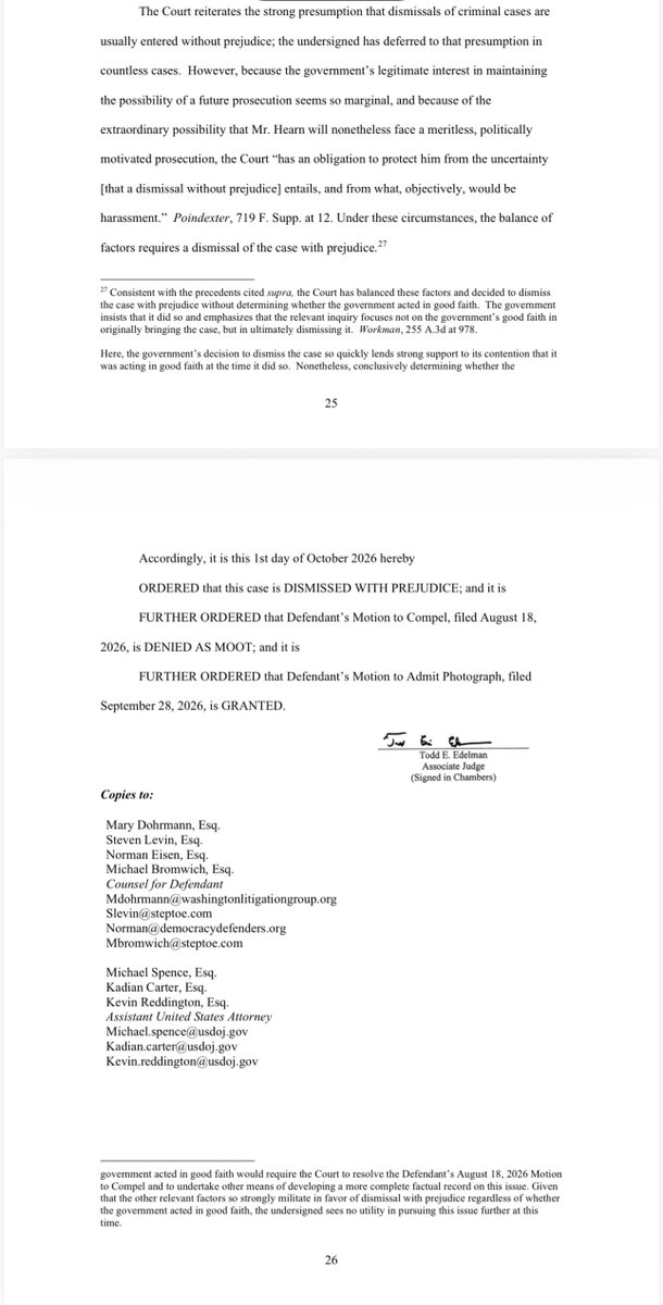 NormEisen's tweet photo. BREAKING: Davey Hearn reflecting pool prosecution dismissed WITH PREJUDICE   

That means the case cannot be brought again ￼  

Huge victory for Davey, for us at @DDFund_ &amp; our legal team colleagues Washington Litigation Group and Steptoe--&amp; for rule of law  

More to follow! https://t.co/ZrerMvSRsZ