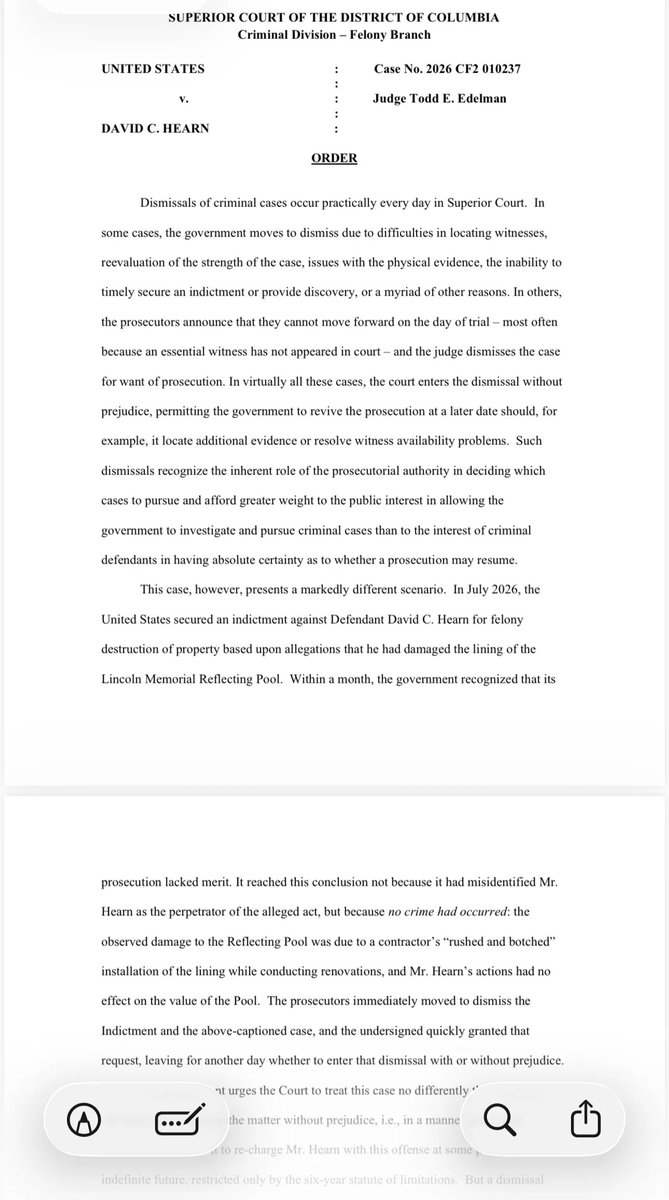 NormEisen's tweet photo. BREAKING: Davey Hearn reflecting pool prosecution dismissed WITH PREJUDICE   

That means the case cannot be brought again ￼  

Huge victory for Davey, for us at @DDFund_ &amp; our legal team colleagues Washington Litigation Group and Steptoe--&amp; for rule of law  

More to follow! https://t.co/ZrerMvSRsZ