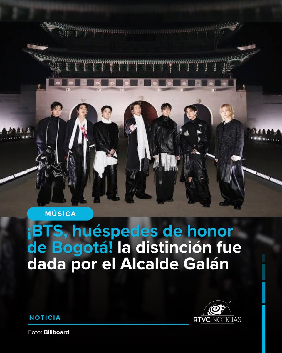 RTVCnoticias's tweet photo. 🎶🇰🇷 El alcalde mayor de Bogotá, Carlos Fernando Galán, declaró como ‘huéspedes de honor’ a los integrantes de la agrupación surcoreana BTS durante su estancia en la capital.

 💜 Con este reconocimiento, Bogotá destaca la trayectoria internacional de una agrupación que ha llevado la música surcoreana a millones de seguidores alrededor del mundo.