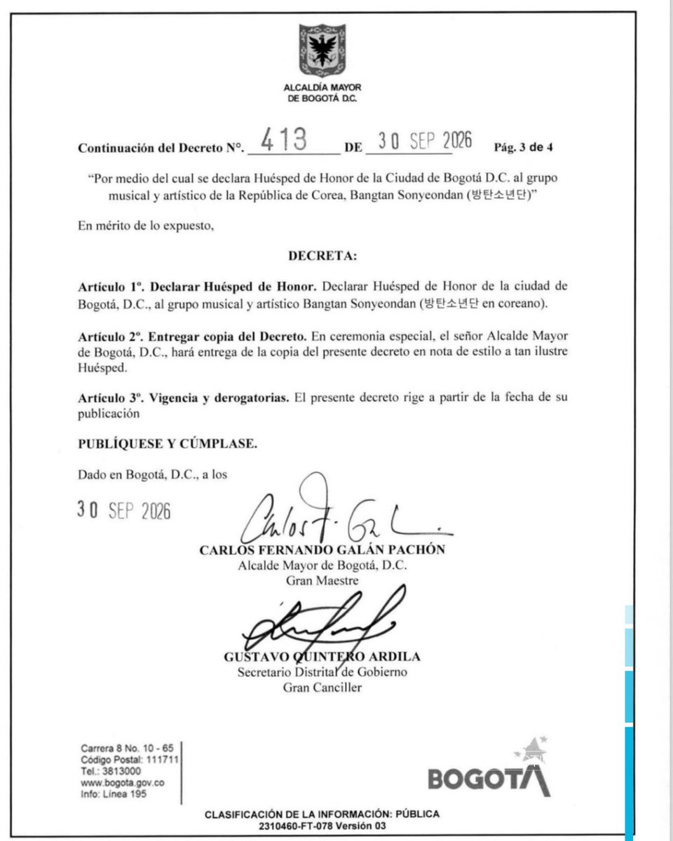 RTVCnoticias's tweet photo. 🎶🇰🇷 El alcalde mayor de Bogotá, Carlos Fernando Galán, declaró como ‘huéspedes de honor’ a los integrantes de la agrupación surcoreana BTS durante su estancia en la capital.

 💜 Con este reconocimiento, Bogotá destaca la trayectoria internacional de una agrupación que ha llevado la música surcoreana a millones de seguidores alrededor del mundo.