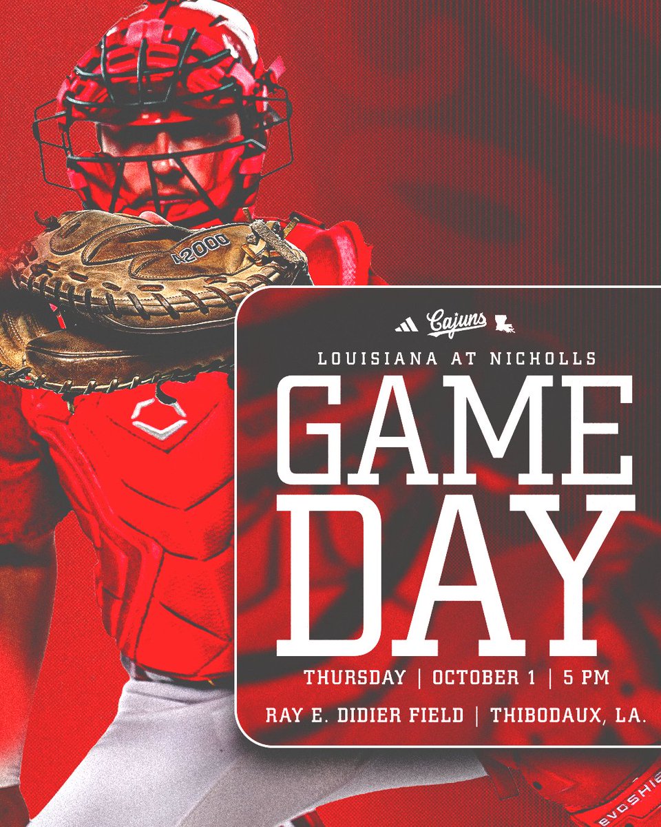 RaginCajunsBSB's tweet photo. The Boys of Summer starting off the Fall Schedule down the bayou 

🆚 Nicholls (12 innings)
📅 10.01.26
⏰ 5:00 pm
🗺️ Thibodaux, La.
🏟 Ray E. Didier Field

#GeauxCajuns | #WaterHoseBoys https://t.co/Cd70wcbVOX