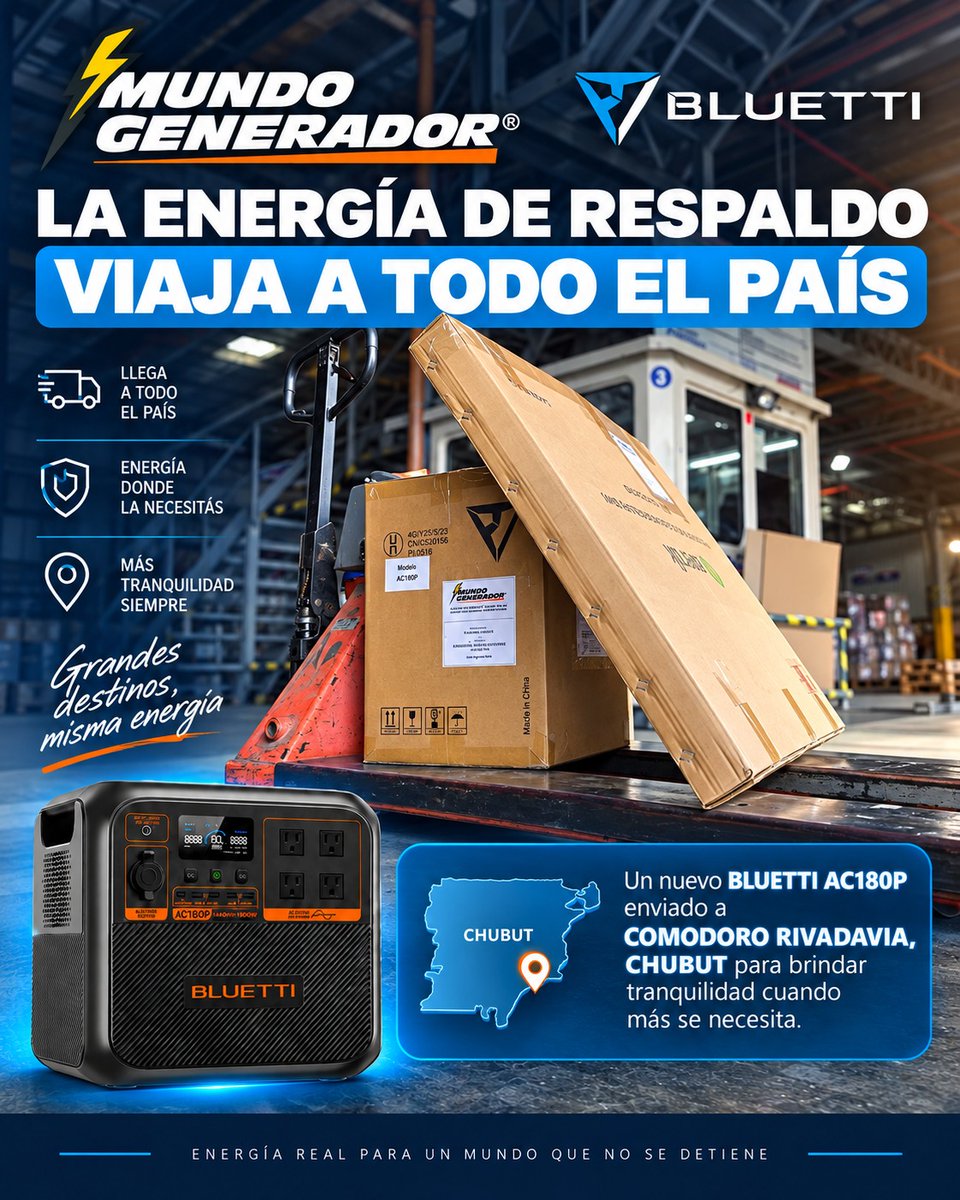 MundoGenerador's tweet photo. ¡BLUETTI AC180P viaja rumbo a Comodoro Rivadavia, Chubut!⚡
Una solución portátil, silenciosa y confiable, ideal para tener energía de respaldo en el hogar, acompañar el trabajo, viajar o disfrutar del aire libre sin depender de un grupo electrógeno. Energía donde la necesitás⚡ https://t.co/2lLRocWNk5