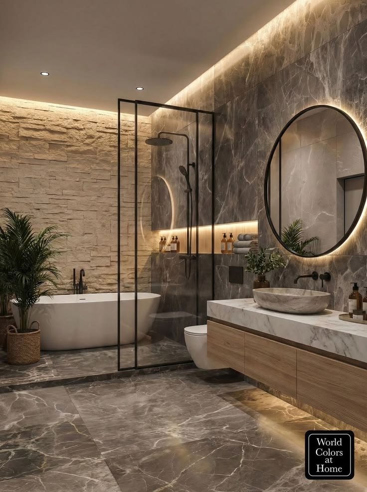 TheHomeHarmony's tweet photo. POV: You walk into your bathroom and it feels like a luxury hotel 🥹

Warm lights, grey marble, freestanding tub, round glowing mirror...
This is what modern calm looks like.

Would you design your bathroom like this? 👇 https://t.co/dfNidhvJ0s