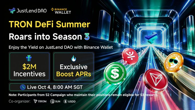 lucidforge88's tweet photo. 🚀🔥 TRON DeFi Summer S3: The Next 60 Days of DeFi Yield Are Coming!

As S2 enters its final stretch, the next chapter of #TRONDeFiSummer is already on the horizon!

TRON DeFi Summer S3 Highlights:

🌟 $2M Reward Pool:

→ $2,000,000 in rewards for the next 60 days

→ TRX, USDD, JST, and SUN pools available to explore

→ Powered through Binance Wallet DeFi on JustLend DAO

What’s Coming:

⚡ S3 Starts October 4:

→ Launch time: October 4 at 8:00 AM SGT

→ The next wave of Boosted APR opportunities begins

→ S2 participants can seamlessly continue into S3 while remaining eligible for S3 rewards

💰 Four Core Assets:

→ TRX — participate in the TRON ecosystem’s native asset economy

→ USDD — explore stablecoin-focused DeFi opportunities

→ JST — access additional yield strategies within the ecosystem

→ SUN — participate in the expanding TRON DeFi landscape

🌐 Keep Building & Keep Earning:

→ Already in S2? Keep your position ready for the transition

→ Haven’t joined yet? Prepare your assets before S3 goes live

→ More details and opportunities are coming as the next chapter unfolds

In summary, one sentence:

TRON DeFi Summer S3 is bringing a fresh $2M reward pool and 60 days of Boosted APR opportunities across TRX, USDD, JST, and SUN.

@DeFi_JUST @justinsuntron #TRONDeFiSummer #TRONEcoStar