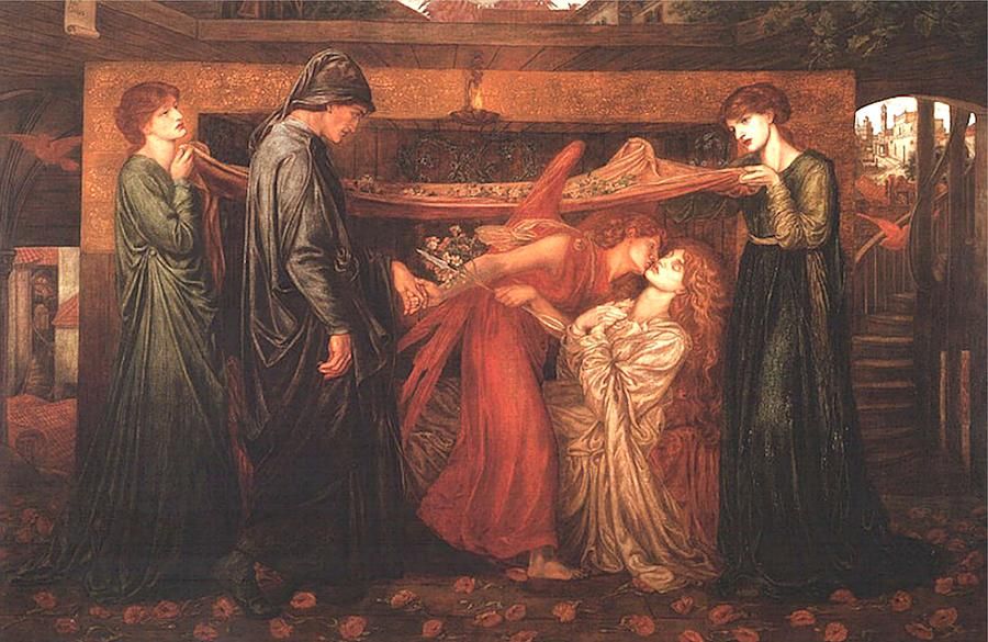 CapertonFineArt's tweet photo. Lovely Pre-Raphaelite image: Dante Gabriel Rossetti’s "Dante’s Dream at the Time of the Death of Beatrice" — a haunting, symbol-rich scene with luminous color, delicate figures, and emblematic roses. See the artwork: https://t.co/HOYzYV82Qf #PreRaphaelites #ArtHistory https://t.co/zFOkSRPZZW