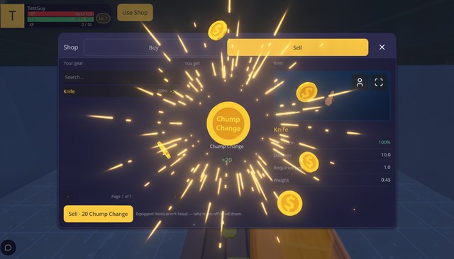 vnlgamedev's tweet photo. New: SELL YOUR GEAR! Every shop now has a Sell tab - trade spare weapons and armour for Chump Change. Rare stuff like titanium pays more, worn gear pays less.

Free on Google Play, iOS and browser - https://t.co/UnYap2dwUh #indiedev #gamedev https://t.co/T0w4KDp1GS