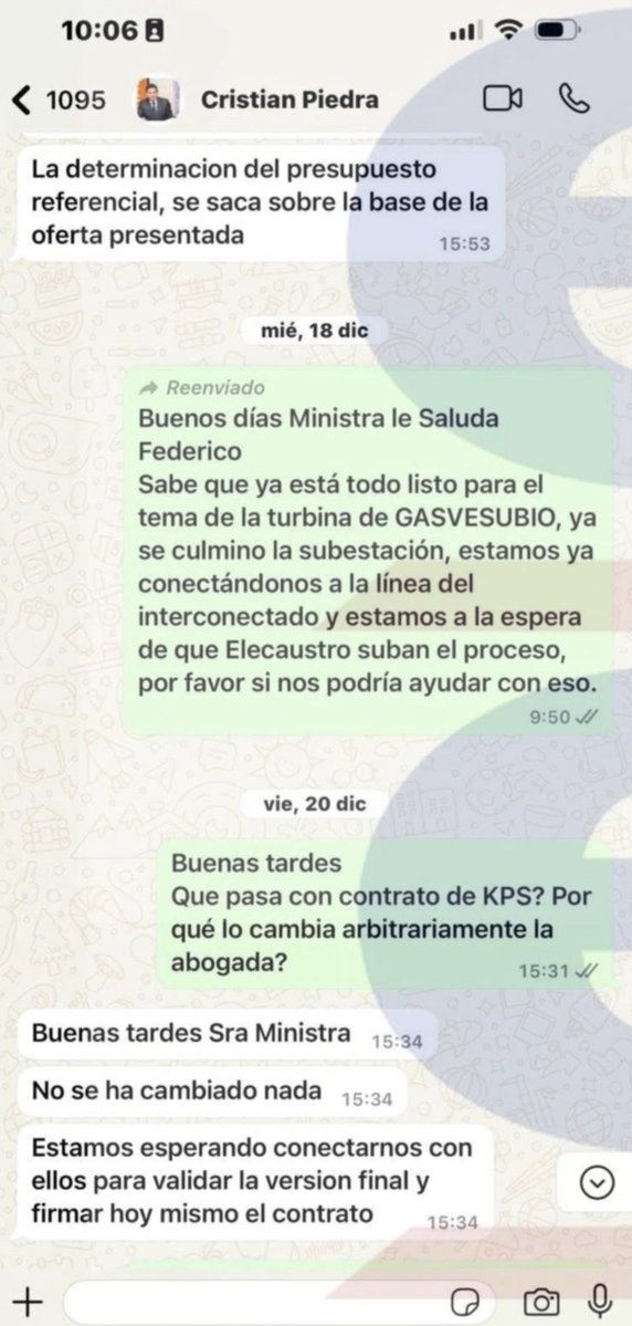 saritortiz's tweet photo. Los chats de Inés Manzano, exministra de Energía de Ecuador

18 de diciembre de 2024: Gasvesubio ya tenía lista la turbina, la subestación e interconexión.

31 de diciembre de 2024: Elecaustro publica las bases, la convocatoria y términos de referencia del proceso de contratación de generación termoeléctrica.

7 de enero de 2025: se presentan tres interesados: Gasvesubio, Energy Experts Now S.A. y el Consorcio El Guabo Energy Alliance.

Febrero de 2025: gana Gasvesubio.