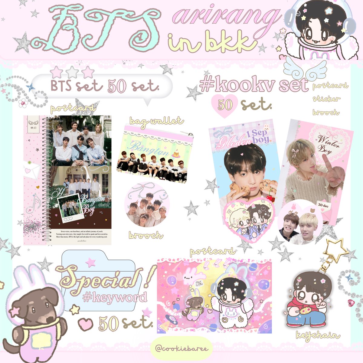 cookiebaree's tweet photo. ⋆˙⟡ 𝓖 ive 𝓪𝔀𝓪𝔂 ♥︎ 

✿ bts set 50 set. ✿
✿ kookv 50 set. ✿
✿ special 아기 정국 50 set. 🍨 ✿
⭐️ keyword : น้องจองกุกน่ารักที่สุดในโลก
 ૮꒰ ˶• ༝ •˶꒱ა ♡ ⭐️

date : 6 dec. 
location : rajamangala stadium 🪽

♡ army thai only ! ♡

#BTS_WORLDTOUR_BANGKOK https://t.co/ZJ3RmMYqOF