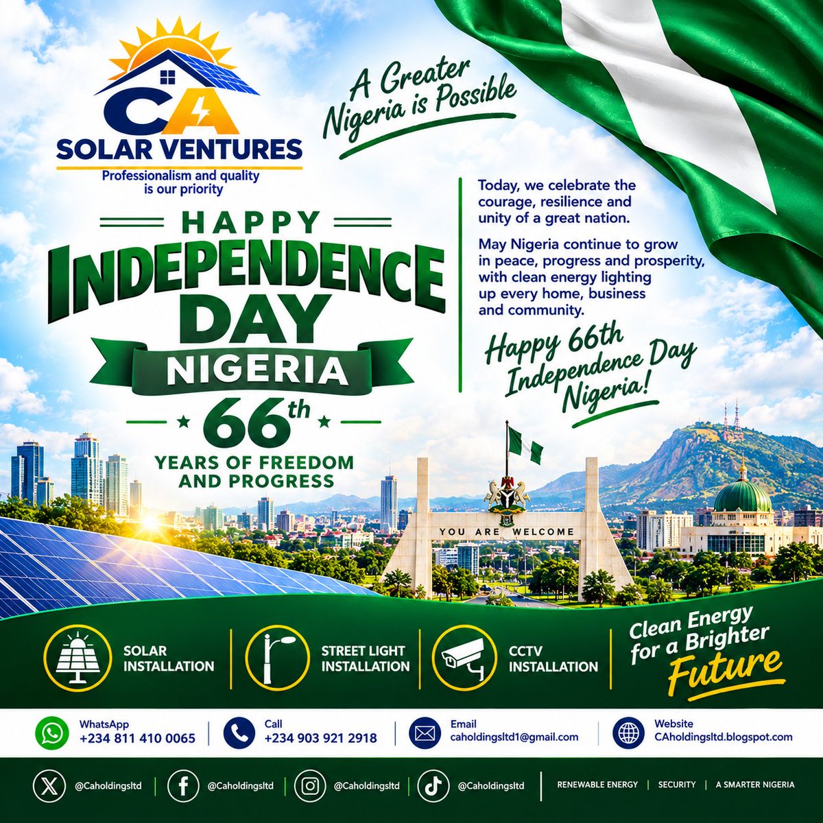 caholdingsltd's tweet photo. Welcome To CA Holdings Ltd : CA SOLAR VENTURES CELEBRATES NIGERIA @66 https://t.co/xyFBMXqR5g https://t.co/OwrdIAKHdo