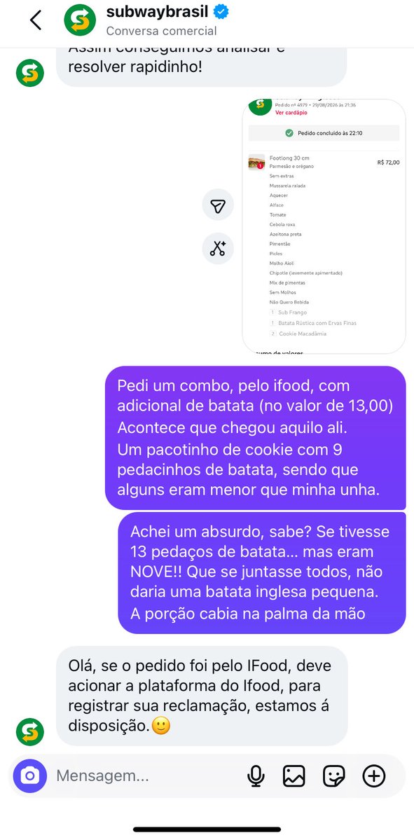 JessSss23s's tweet photo. @crbntdeodio Não é só contigo 🥲🥲 e o pior, @iFood diz que o problema é com o @SUBWAY e o Subway diz que é com a Ifood 🤡🤡🤡🤡
Paguei 13 reais por menos de 1 batata inglesa picada porcamente. https://t.co/n6MGdDwIea