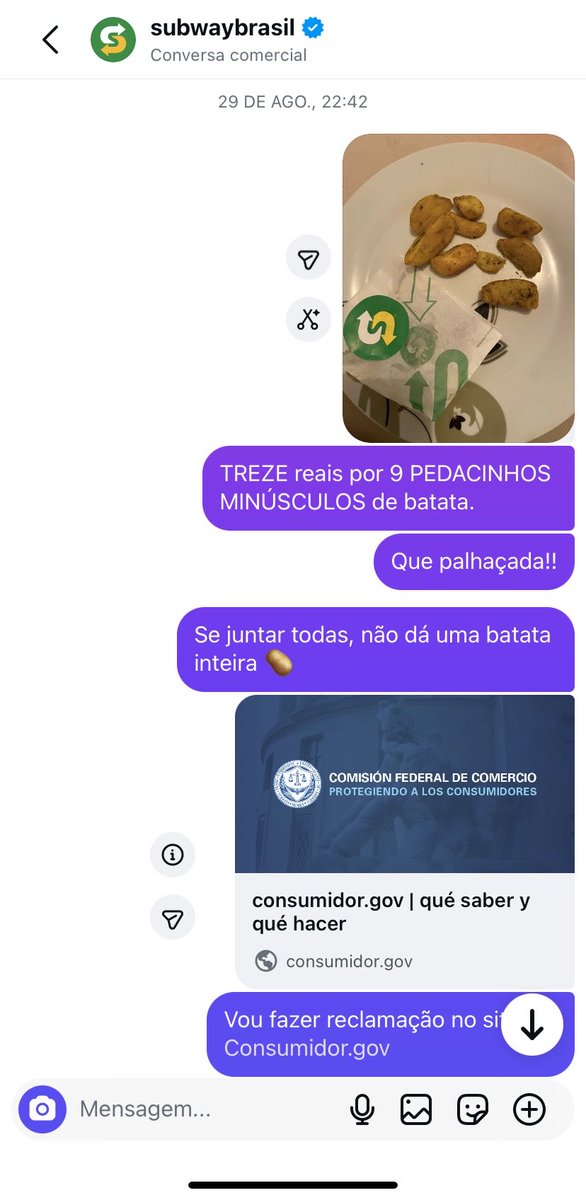 JessSss23s's tweet photo. @crbntdeodio Não é só contigo 🥲🥲 e o pior, @iFood diz que o problema é com o @SUBWAY e o Subway diz que é com a Ifood 🤡🤡🤡🤡
Paguei 13 reais por menos de 1 batata inglesa picada porcamente. https://t.co/n6MGdDwIea