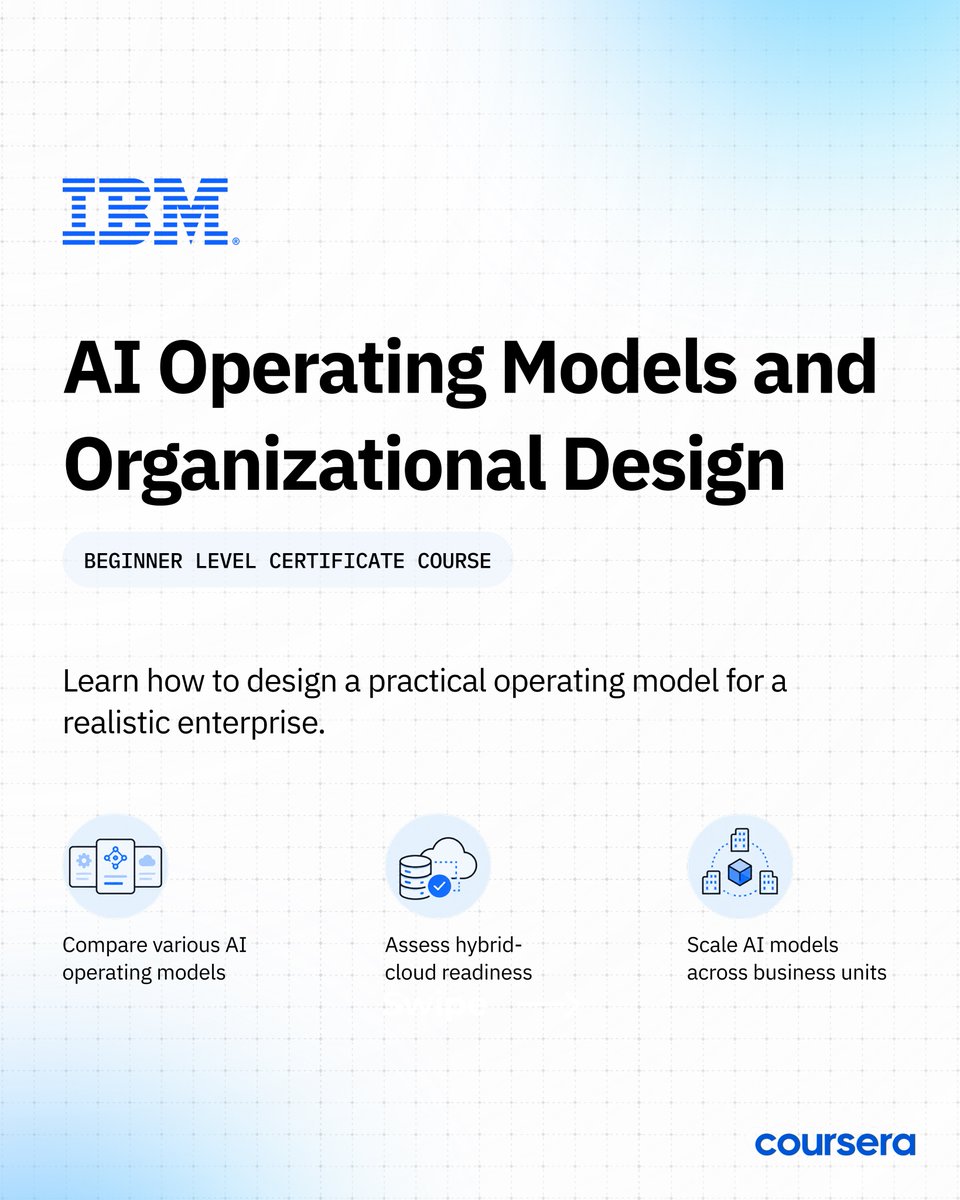 CognitiveClass's tweet photo. Scaling AI is about organizational design just as much as technology.

Learning how to design a practical operating model is essential, and extending that model across business units allows it to adapt and scale effectively. IBM’s AI Operating Models and Organizational Design course helps you learn to structure the teams, roles, decision rights, and foundations that let AI move quickly and responsibly.

Throughout this beginner-level course, you’ll learn how to:
- Compare AI operating models, including Center of Excellence, federated, and hub-and-spoke, and match one to your organization's context and maturity.
- Define the new roles AI creates and map decision rights so accountability doesn't fall through the gaps.
- Assess data, infrastructure, and hybrid-cloud readiness in leadership terms, and know which decisions to own or delegate.
- Extend an AI operating model across business units, adapting roles and oversight to local context.

Put your knowledge into practice and finish the course with a shareable career certificate from IBM!

Ready to learn more?
Enrol here: https://t.co/hypri7BYBH