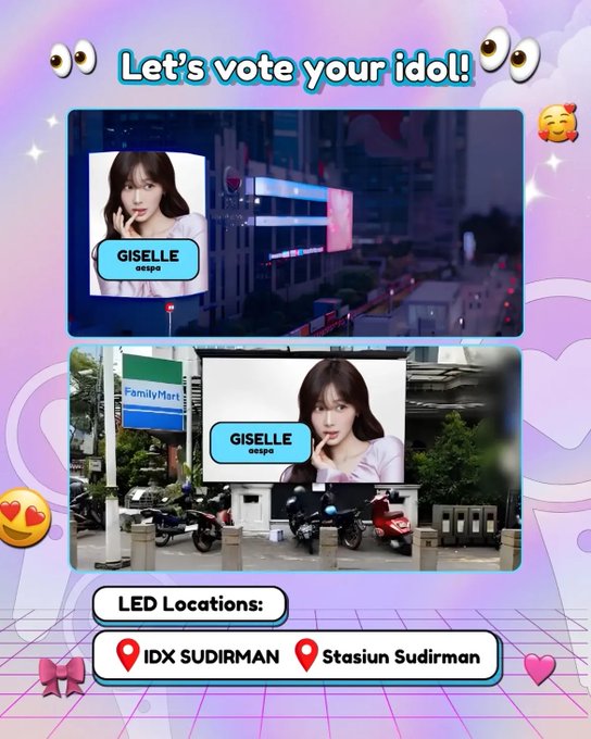 The graphic encourages fans to vote for GISELLE from aespa, showing her photo featured on screens at IDX Sudirman and Stasiun Sudirman LED locations, alongside voting instructions for the K-Wave Mini App via GoPay. The header reads "Let's vote your idol!" and includes his name and group affiliation prominently displayed beneath her image.