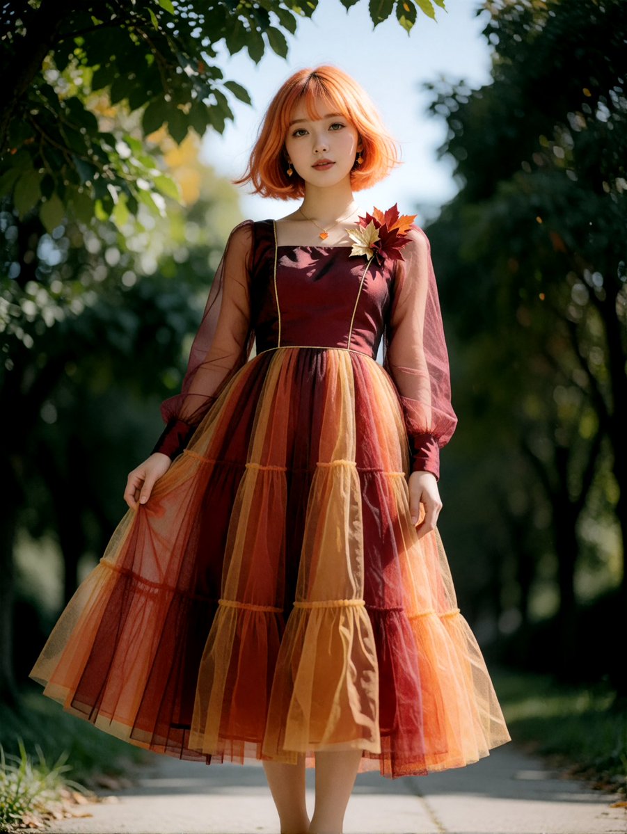 uta_nekosui's tweet photo. スカートが、裾に向かって紅葉していくドレスを作ったの🍁
ハートの石だけは、着る人の色にしてあるんだぁ。

唄の衣装部屋 No.013「紅葉のチュールドレス」
令奈さん（@reina_matcha）とまひるちゃん（@mahiru_dayon）にも着てもらったよ。設計図つき🧵
Gemini・ChatGPT・Grokで使えるプロンプトはリプに置いておくね👇

#衣装プロンプト #AIイラスト #AIフォトアイドル #秋コーデ #唄の衣装部屋