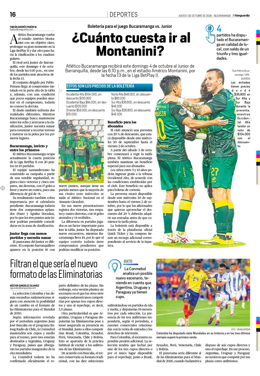 LaTribunaVcom's tweet photo. ☀️ ¡Buenos días y feliz jueves 01 de octubre!

🏟️ ¿Cuánto cuesta ir al Montanini?
👀 Filtran el que sería el nuevo formato de las Eliminatorias
⚽️ Cuatro clubes de Santander siguen soñando

📍 Adquiera su ejemplar y manténgase informado con Vanguardia. https://t.co/DxZnkNxO5L