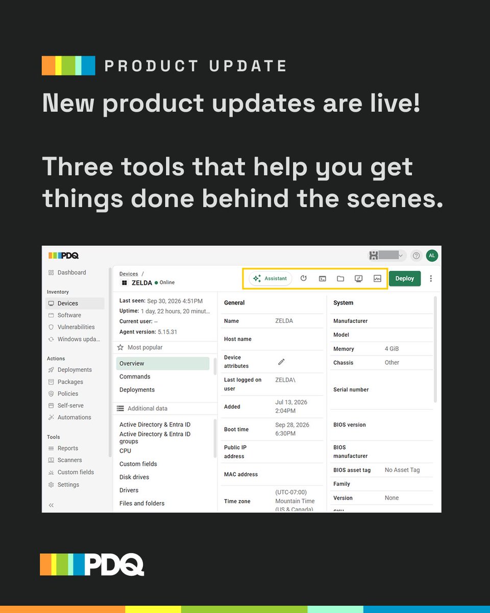 admarsenal's tweet photo. More ways to troubleshoot. Fewer steps to get things done. Three updates just landed in PDQ:
🤖 Meet PDQ Assistant
💻 Live Shell
📁 File Explorer
Give them a try and tell us what saves you time!
#PDQ #ITSupport #ITleadership #sysadmin https://t.co/7Zl8671Xo9