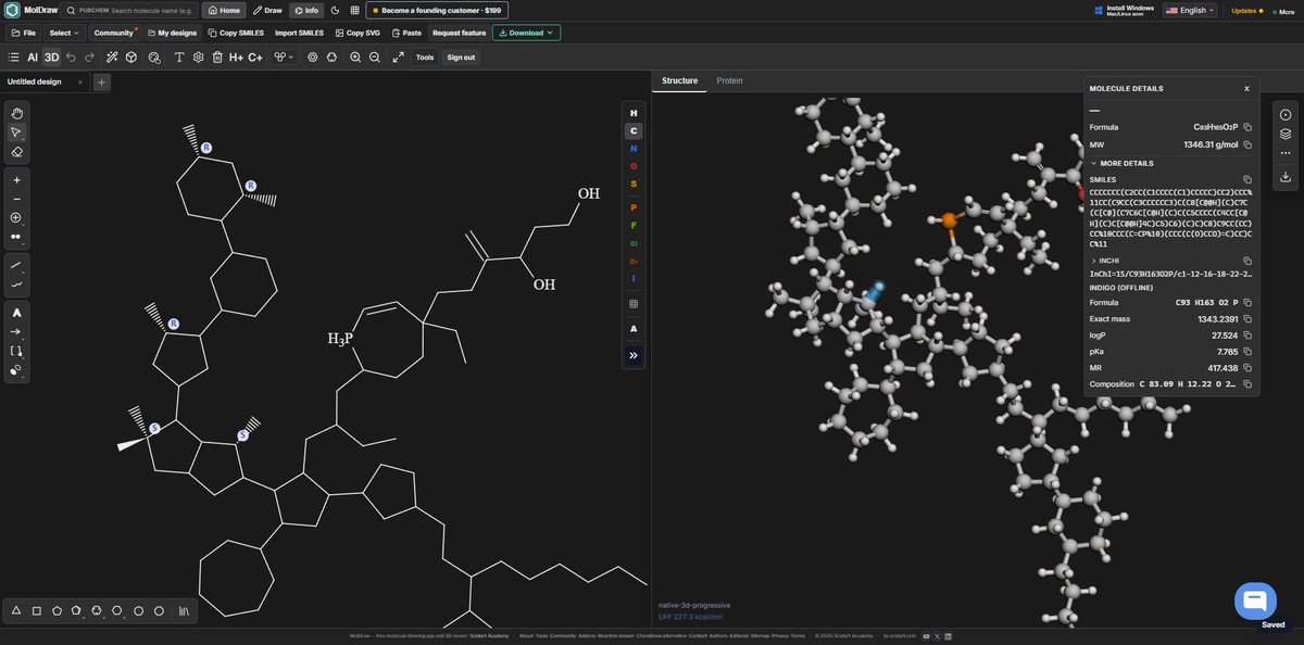 rafeequemavoor's tweet photo. 4 issues are fixed in moldraw.    

1) Bond tool + oxygen   
Clicking a bond now changes the bond order only. It no longer turns an atom into oxygen (or another element) when an element is selected in the sidebar. Atoms change only when you click the atom.    

2) Eraser drag box   
With the eraser tool, left-click and drag on empty canvas draws a box and erases the atoms/bonds inside. Single-click erase still works.    

3) Lonely unlabeled carbon   
If you erase one carbon from a two-carbon molecule, the remaining carbon stays visible and labeled as C, so you can find and edit it.    

4) Chiral molecule naming   
One wedge or dash on a stereocenter is enough for the name to appear in molecule info. You no longer need two stereo bonds.
