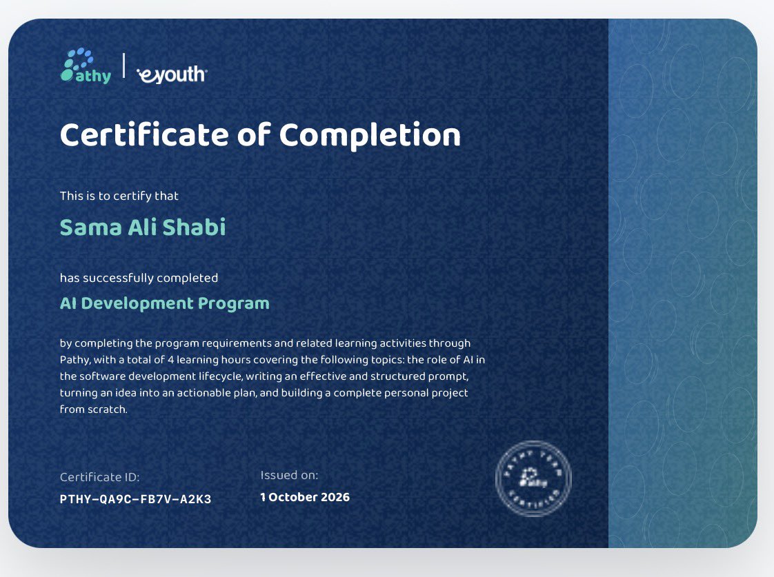 Sama_Shabi's tweet photo. سعيدة بإتمام AI Development Program من Pathy × EYOUTH، ودورة IBM SkillsBuild حول IBM Bob وأدوات الذكاء الاصطناعي.

تجارب جميلة أضافت لي الكثير في توظيف الذكاء الاصطناعي وتطوير الأفكار إلى حلول قابلة للتنفيذ، ومستمرين في التعلّم والتطبيق 🚀💙

#AI #Pathy #IBMSkillsBuild #EYOUTH https://t.co/SlsVSF83FZ