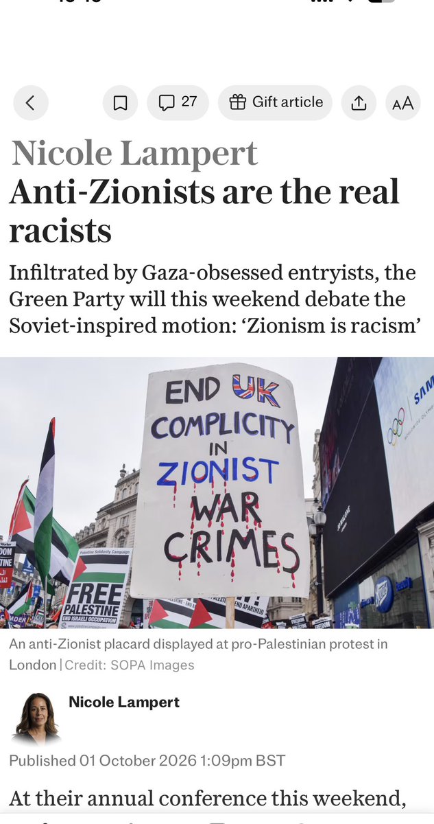nicolelampert's tweet photo. This weekend the Greens will show us whether they are the most racist party in mainstream British political history. 
They will decide whether to vote for demolishing an entire country and giving the thumbs up to terrorists. 
Gift link below https://t.co/qEhKPOlLDV